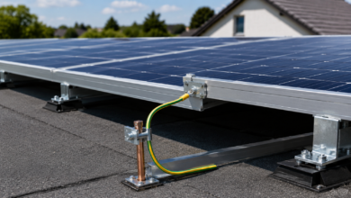 PV-Anlage Erdung am Montagesystem und Anschluss an die Haupterdungsschiene [Bildinhalt mit KI erstellt]