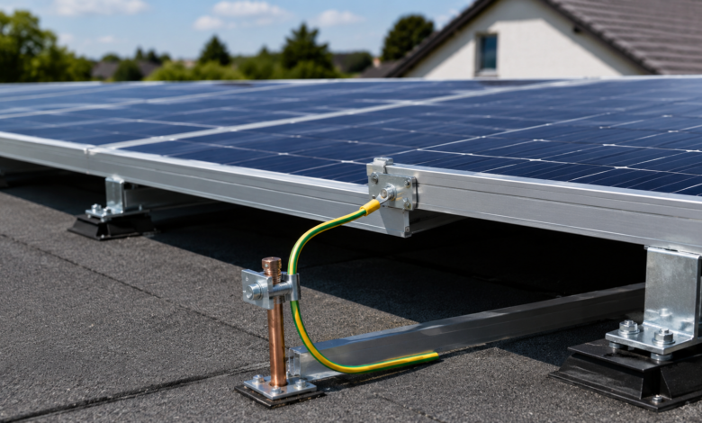 PV-Anlage Erdung am Montagesystem und Anschluss an die Haupterdungsschiene [Bildinhalt mit KI erstellt]