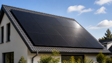 Schwarze Aiko Solarmodule auf einem modernen Hausdach