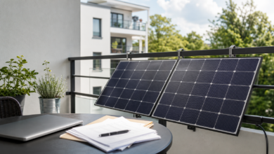 Balkonkraftwerk auf einem Balkon mit Kundenunterlagen zur EPP Solar Insolvenz