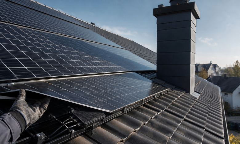 Photovoltaikmodule mit Schornsteinschatten und Moduloptimierer auf einem Wohnhausdach