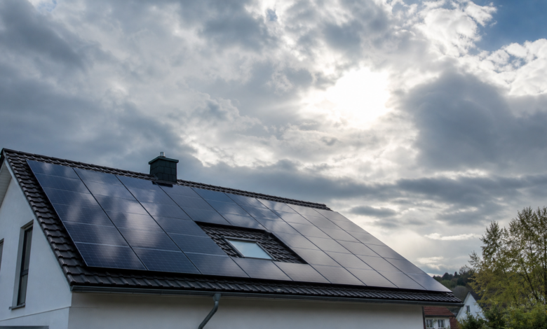 Photovoltaikmodule auf einem Dach bei wechselnder Bewölkung als Symbol für Nennleistung und reale Peak-Leistung