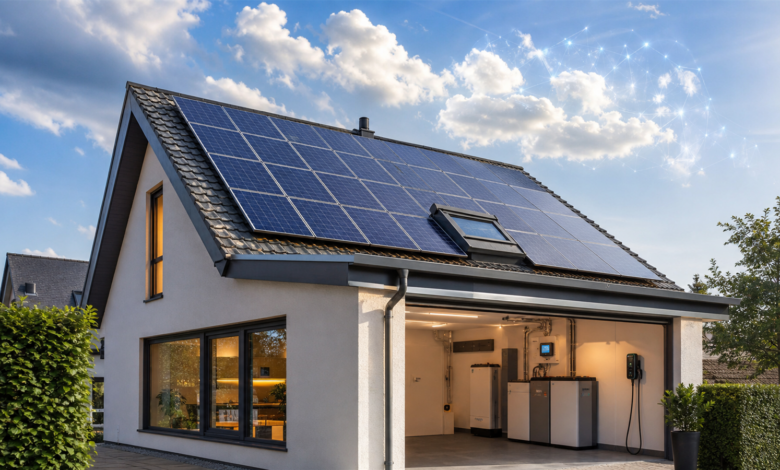 Photovoltaikanlage auf einem modernen Haus mit Batteriespeicher und virtueller Strom-Cloud