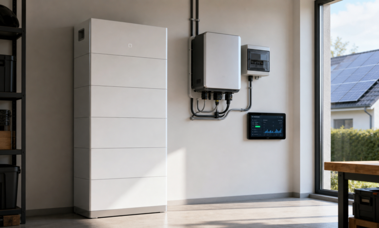 Moderner Photovoltaik-Speicher mit Hybrid-Wechselrichter in einem Einfamilienhaus
