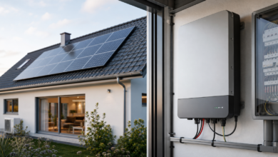 Photovoltaikanlage mit modernem Wechselrichter an einem Wohnhaus